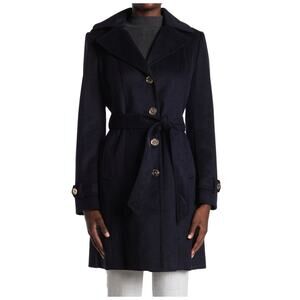 Michael Kors Wool Blend Button Front Hooded Trench Coat Long Sleeve Size Medium